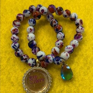 White and Purple Beaded Bracelet with Gold Pendant